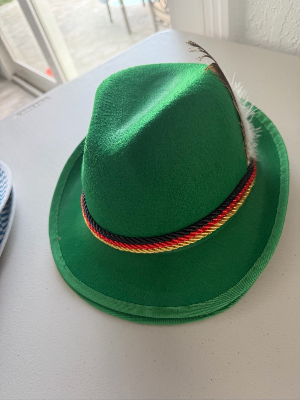 Green Felt Fedora Hat with Decorative Cord and Feather